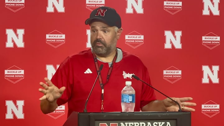 Nebraska football coach Matt Rhule meets with the media during fall camp.