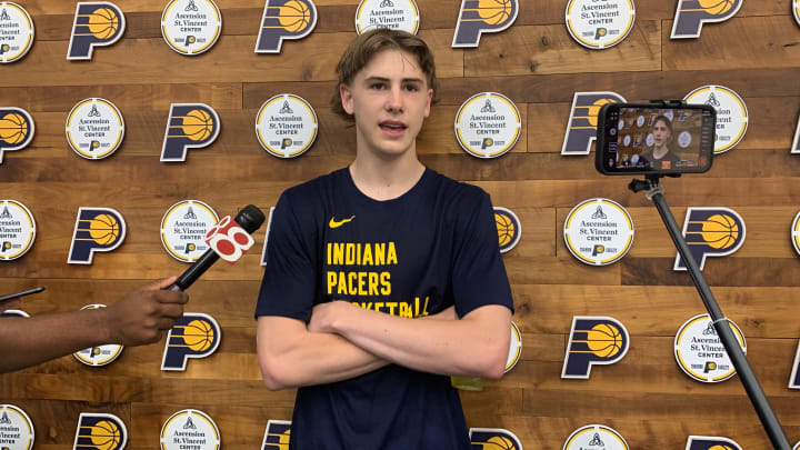 Indiana Pacers rookie wing Johnny Furphy speaks with the media on July 6, 2024. (Mandatory Photo Credit: Pacers on SI)