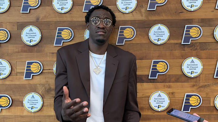 Indiana Pacers forward Pascal Siakam speaks with reporters after signing a four-year contract with the Pacers. (Mandatory Photo Credit: Pacers On SI) Indiana Pacers forward Pascal Siakam speaks with reporters after signing a four-year contract with the Pacers. (Mandatory Photo Credit: Pacers On SI)