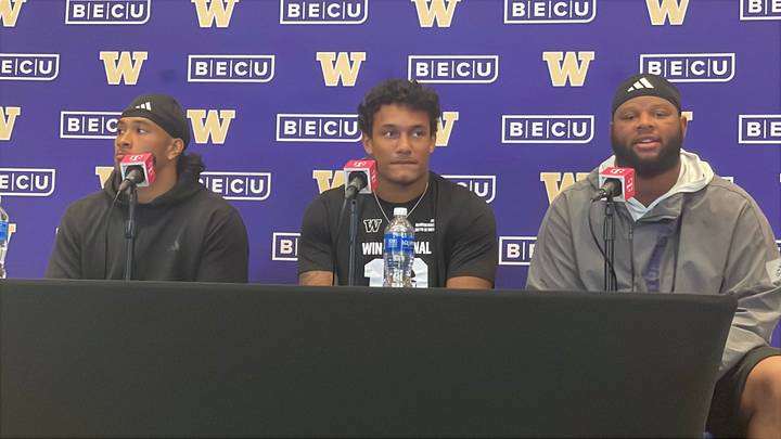 Left to right, Huskies Jacob Manu, Xe'ree Alexander and Elinneus Davis speak to the media on Tuesday. Left to right, Huskies Jacob Manu, Xe'ree Alexander and Elinneus Davis speak to the media on Tuesday.