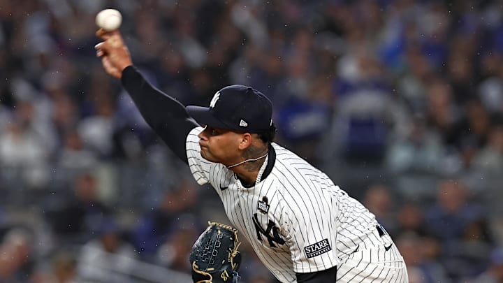 Oct 29, 2024; Bronx, New York, USA; New York Yankees pitcher Luis Gil (81) throws pitch against the Los Angeles Dodgers in the first inning during game four of the 2024 MLB World Series at Yankee Stadium. Mandatory Credit: Vincent Carchietta-Imagn Images