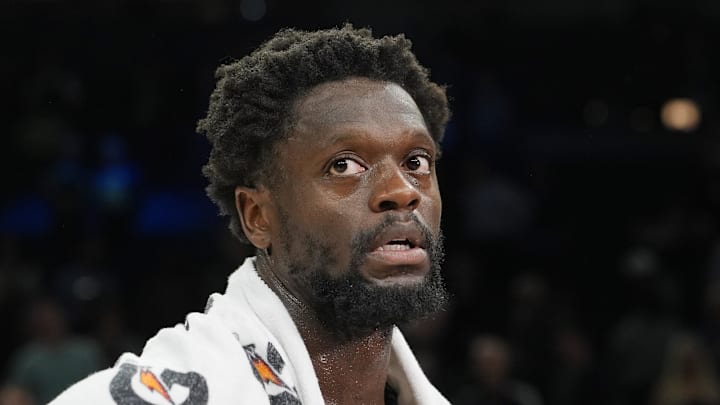 Mar 25, 2026; Minneapolis, Minnesota, USA; Minnesota Timberwolves forward Julius Randle (30) talks with a reporter after the game with the Houston Rockets at Target Center. Mandatory Credit: Bruce Kluckhohn-Imagn Images