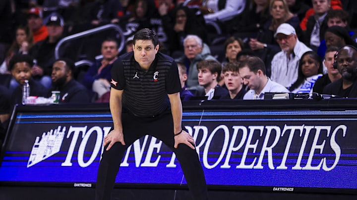 Feb 22, 2025; Cincinnati, Ohio, USA; Cincinnati Bearcats head coach Wes Miller during the second half against the TCU Horned Frogs at Fifth Third Arena. Mandatory Credit: Katie Stratman-Imagn Images