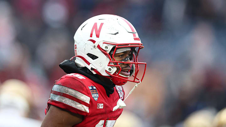 Dec 28, 2024; Bronx, NY, USA; Nebraska Cornhuskers defensive back Ceyair Wright (15) celebrates a defensive stop during the second half against the Boston College Eagles at Yankee Stadium. Mandatory Credit: Vincent Carchietta-Imagn Images