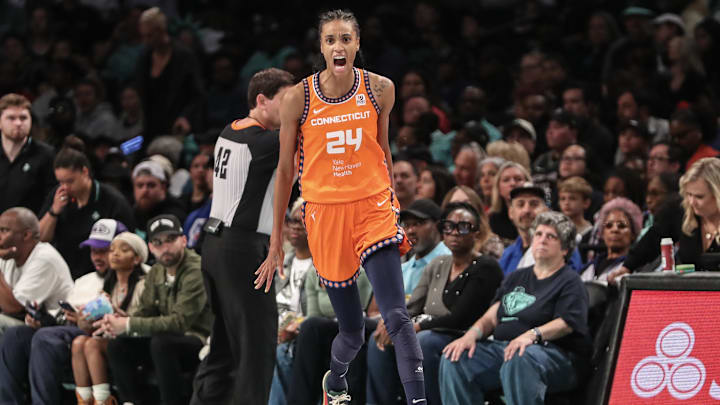 Sep 24, 2023; Brooklyn, New York, USA; Connecticut Sun forward DeWanna Bonner (24) reacts after scoring in the third quarter against the New York Liberty during game one of the 2023 WNBA Playoffs at Barclays Center. Mandatory Credit: Wendell Cruz-Imagn Images