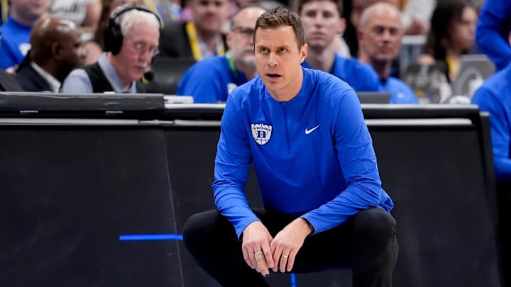 Mar 14, 2026; Charlotte, NC, USA; Duke Blue Devils head coach Jon Scheyer looks on against the Virginia Cavaliers during the men's ACC Conference Tournament Championship. Mar 14, 2026; Charlotte, NC, USA; Duke Blue Devils head coach Jon Scheyer looks on against the Virginia Cavaliers during the men's ACC Conference Tournament Championship.