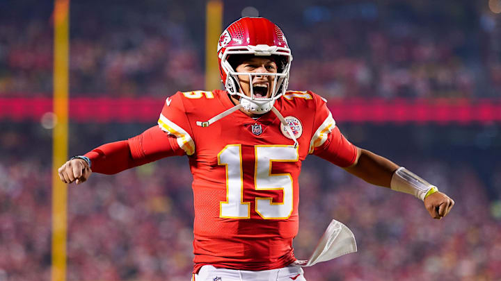 Nov 6, 2022; Kansas City, Missouri, USA; Kansas City Chiefs quarterback Patrick Mahomes (15) yells