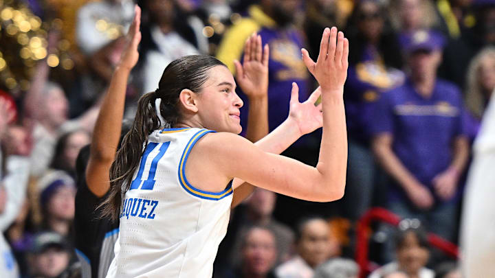 Mar 30, 2025; Spokane, WA, USA; UCLA Bruins guard Gabriela Jaquez (11) celebrates after a three-pointer against the LSU Lady Tigers during the second half of a Elite 8 NCAA Tournament basketball game at Spokane Arena. Mandatory Credit: James Snook-Imagn Images