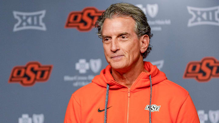 Oklahoma State offensive coordinator Doug Meacham speaks during a press conference at Boone Pickens Stadium in Stillwater Okla., on Thursday, Jan. 23, 2025. Oklahoma State offensive coordinator Doug Meacham speaks during a press conference at Boone Pickens Stadium in Stillwater Okla., on Thursday, Jan. 23, 2025.