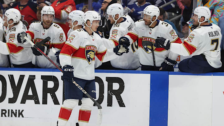 Apr 30, 2025; Tampa, Florida, USA; Florida Panthers center Anton Lundell (15) is congratulated  after he scored a goal against the Tampa Bay Lightning  during the first period of game five of the first round of the 2025 Stanley Cup Playoffs at Amalie Arena. Mandatory Credit: Kim Klement Neitzel-Imagn Images