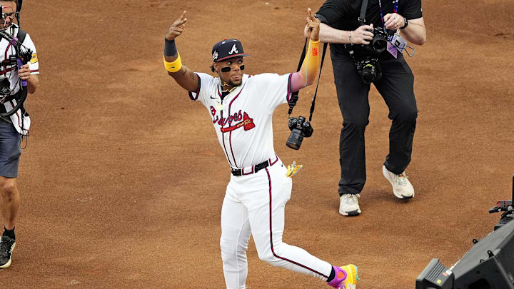National League outfielder Ronald Acuna Jr. (13) of the Atlanta Braves is introduced before the the 2025 MLB All Star Game at Truist Park in 2025. National League outfielder Ronald Acuna Jr. (13) of the Atlanta Braves is introduced before the the 2025 MLB All Star Game at Truist Park in 2025.