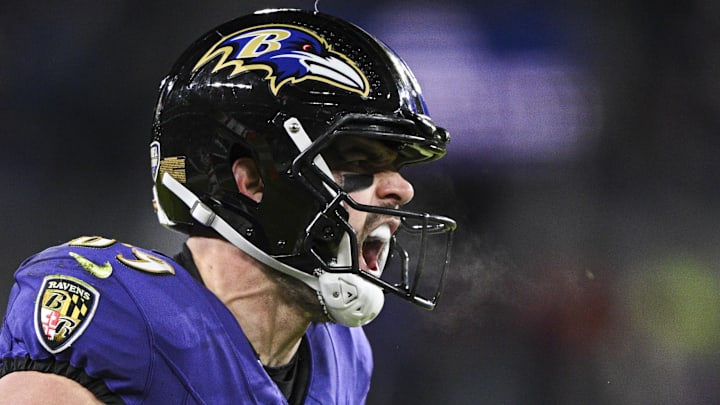 Jan 4, 2025; Baltimore, Maryland, USA; Baltimore Ravens tight end Mark Andrews (89) reacts after scoring a touchdown  during the first half against the Cleveland Browns  at M&T Bank Stadium. Mandatory Credit: Tommy Gilligan-Imagn Images