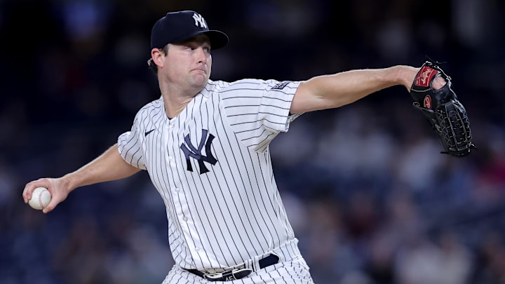 Sep 21, 2023; Bronx, New York, USA; New York Yankees starting pitcher Gerrit Cole (45) pitches