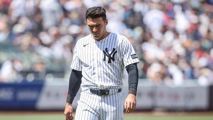 Jun 7, 2026; Bronx, New York, USA;  New York Yankees shortstop Anthony Volpe (11) reacts after flying out with the bases loaded to end the fourth inning against the Boston Red Sox at Yankee Stadium. Mandatory Credit: Wendell Cruz-Imagn Images