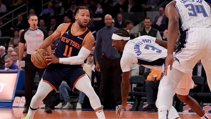Dec 3, 2024; New York, New York, USA; New York Knicks guard Jalen Brunson (11) looks to shoot the ball against Orlando Magic guard Kentavious Caldwell-Pope (3) during the third quarter at Madison Square Garden. Mandatory Credit: Brad Penner-Imagn Images Dec 3, 2024; New York, New York, USA; New York Knicks guard Jalen Brunson (11) looks to shoot the ball against Orlando Magic guard Kentavious Caldwell-Pope (3) during the third quarter at Madison Square Garden. Mandatory Credit: Brad Penner-Imagn Images