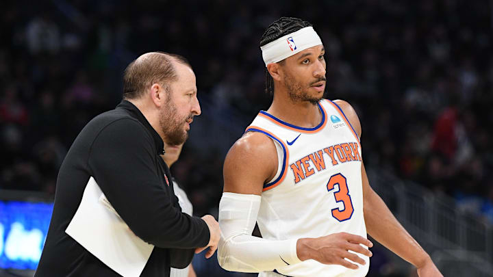 Dec 5, 2023; Milwaukee, Wisconsin, USA; New York Knicks coach Tom Thibodeau talks with New York Knicks guard Josh Hart (3) on the sideline against the Milwaukee Bucks in the first half at Fiserv Forum. Mandatory Credit: Michael McLoone-Imagn Images