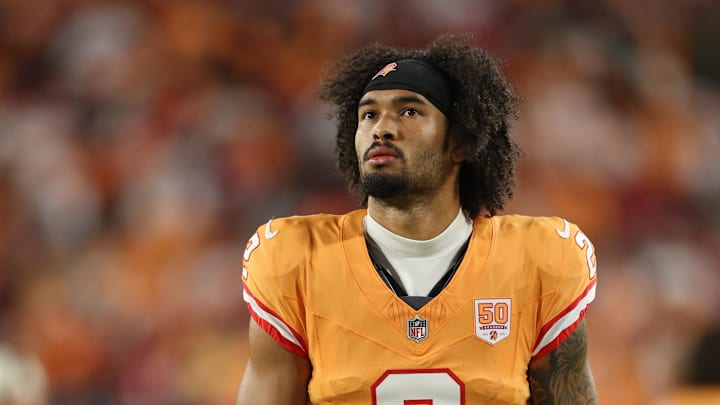 Dec 11, 2025; Tampa, Florida, USA; Tampa Bay Buccaneers wide receiver Emeka Egbuka (2) looks on against the Atlanta Falcons during the first quarter at Raymond James Stadium. 