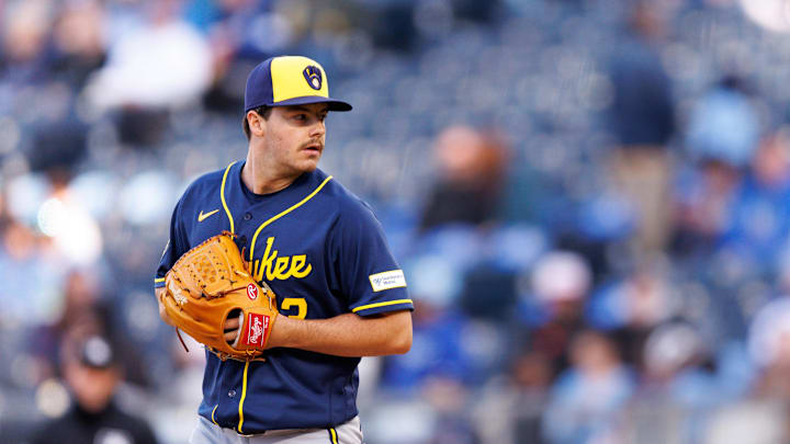 Apr 4, 2026; Kansas City, Missouri, USA; Milwaukee Brewers pitcher Logan Henderson (43) pitches during the first inning against the Kansas City Royals  at Kauffman Stadium. Mandatory Credit: William Purnell-Imagn Images