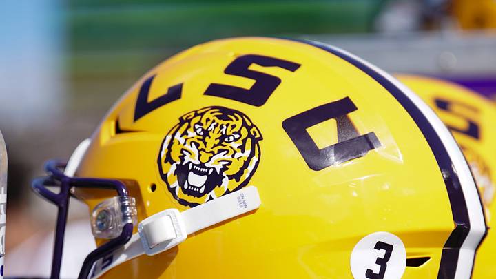 A general view of a LSU Tigers helmet. A general view of a LSU Tigers helmet.