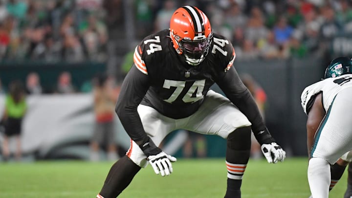Aug 17, 2023; Philadelphia, Pennsylvania, USA; Cleveland Browns offensive tackle Dawand Jones (74)