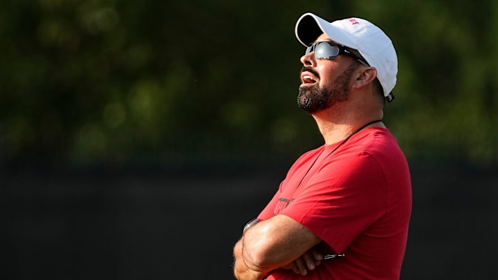 Aug 1, 2024; Columbus, OH, USA; Ohio State Buckeyes head coach Ryan Day watches a punt during football camp at the Woody Hayes Athletic Complex.