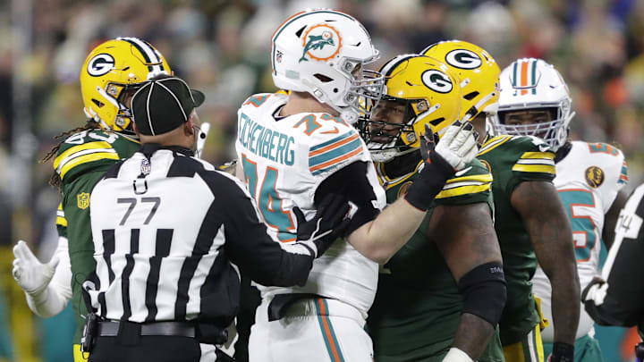Green Bay Packers defensive tackle Kenny Clark (97) goes face to face with Miami Dolphins offensive lineman Liam Eichenberg (74) at Lambeau Field. Green Bay Packers defensive tackle Kenny Clark (97) goes face to face with Miami Dolphins offensive lineman Liam Eichenberg (74) at Lambeau Field.