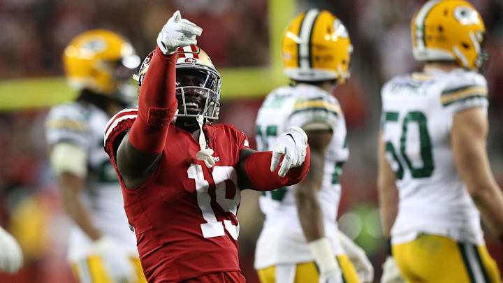Jan 19, 2020; Santa Clara, California, USA; San Francisco 49ers wide receiver Deebo Samuel (19) reacts after a long run against the Green Bay Packers during the second half  in the NFC Championship Game at Levi's Stadium. Mandatory Credit: Cary Edmondson-Imagn Images