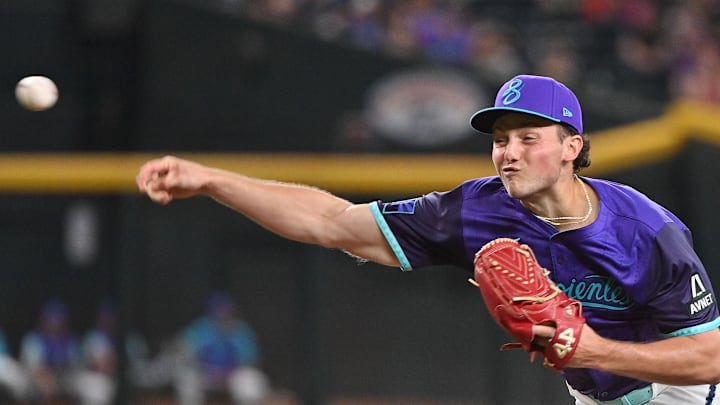 Jul 18, 2025; Phoenix, Arizona, USA; Arizona Diamondbacks pitcher Brandon Pfaadt (32) throws in the first inning against the St. Louis Cardinals at Chase Field. Mandatory Credit: Matt Kartozian-Imagn Images