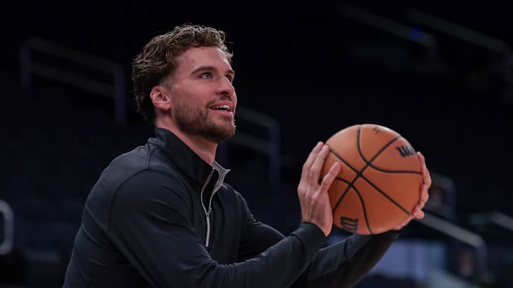 Oct 13, 2025; New York, New York, USA; Washington Wizards forward Corey Kispert (24) warms up before the game against the New York Knicks at Madison Square Garden. Mandatory Credit: Vincent Carchietta-Imagn Images