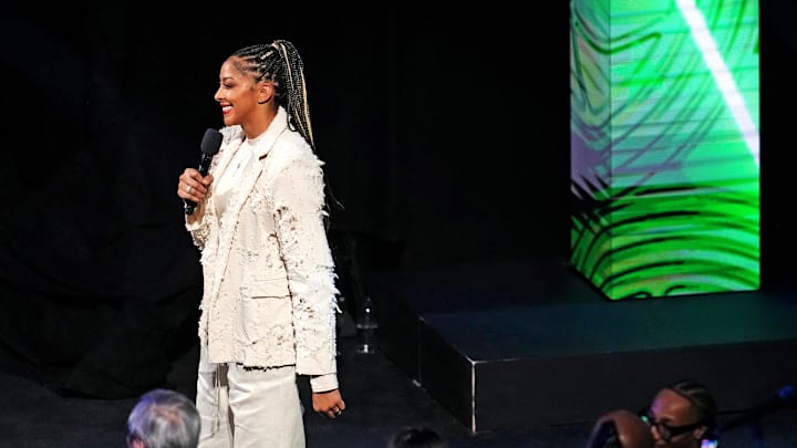 Feb 14, 2025; San Francisco, California, USA; Candace Parker before the game during the 2025 NBA Rising Stars Game at Chase Center. Mandatory Credit: Cary Edmondson-Imagn Images