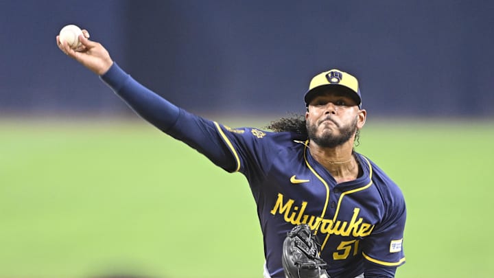 Sep 22, 2025; San Diego, California, USA; Milwaukee Brewers starting pitcher Freddy Peralta (51) delivers during the first inning against the San Diego Padres at Petco Park. Mandatory Credit: Denis Poroy-Imagn Images
