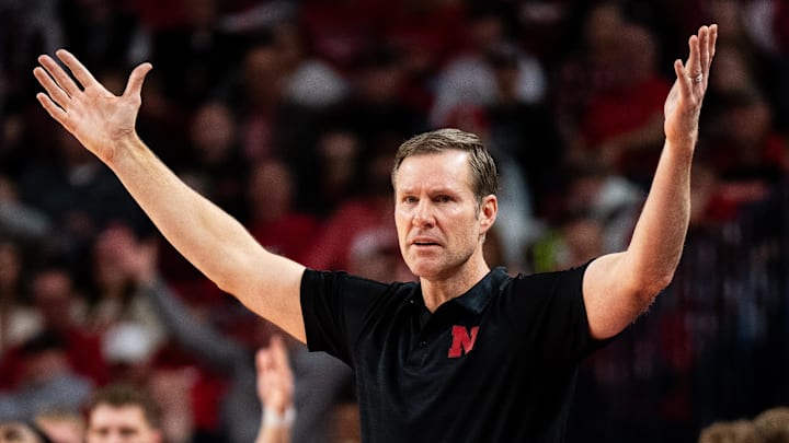 Feb 13, 2025; Lincoln, Nebraska, USA; Nebraska Cornhuskers head coach Fred Hoiberg reacts to a call during the second half against the Maryland Terrapins at Pinnacle Bank Arena. Mandatory Credit: Dylan Widger-Imagn Images