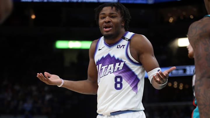 Feb 20, 2026; Memphis, Tennessee, USA; Utah Jazz guard Isaiah Collier (8) reacts during the fourth quarter against the Memphis Grizzlies at FedExForum. Mandatory Credit: Petre Thomas-Imagn Images