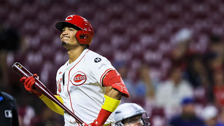 Sep 3, 2025; Cincinnati, Ohio, USA; Cincinnati Reds outfielder Noelvi Marte (16) reacts after striking out in the ninth inning against the Toronto Blue Jays at Great American Ball Park. Mandatory Credit: Katie Stratman-Imagn Images