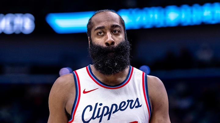 Dec 30, 2024; New Orleans, Louisiana, USA; LA Clippers guard James Harden (1) looks on against the New Orleans Pelicans during the first half at Smoothie King Center. Mandatory Credit: Stephen Lew-Imagn Images