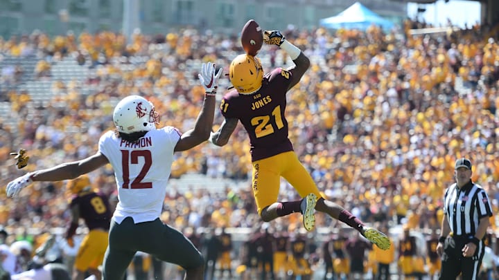 Oct 12, 2019; Tempe, AZ, USA; Arizona State Sun Devils defensive back Jack Jones (21) breaks up a pass intended for Washington State Cougars wide receiver Dezmon Patmon (12) during the first half at Sun Devil Stadium. Mandatory Credit: Joe Camporeale-Imagn Images