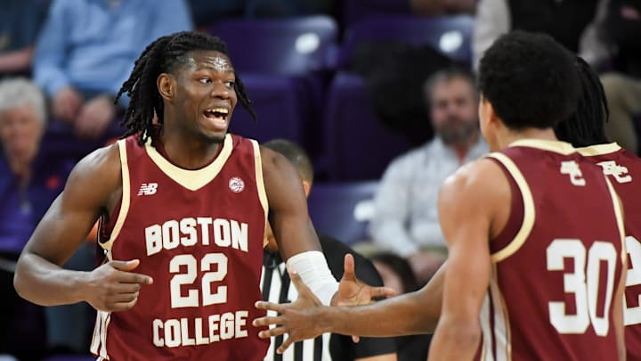 Boston College Eagles forward Jayden Hastings (22) celebrates with teammates after scoring Tuesday, Jan. 13, 2026, during the NCAA men’s basketball game against the Clemson Tigers at Littlejohn Coliseum in Clemson, South Carolina.