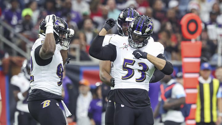 Dec 15, 2024; Houston, Texas, USA; Baltimore Ravens linebacker Kyle Van Noy (53) celebrates after sacking Houston Texans quarterback C.J. Stroud (7) during the first quarter at NRG Stadium. Mandatory Credit: Troy Taormina-Imagn Images Dec 15, 2024; Houston, Texas, USA; Baltimore Ravens linebacker Kyle Van Noy (53) celebrates after sacking Houston Texans quarterback C.J. Stroud (7) during the first quarter at NRG Stadium. Mandatory Credit: Troy Taormina-Imagn Images