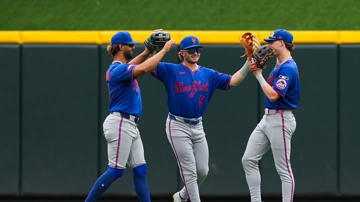 Jun 17, 2026; Cincinnati, Ohio, USA; New York Mets outfielder Mj Melendez, left, A.J. Ewing, middle, and Carson Benge, right, celebrate after the final out in the game against the Cincinnati Reds at Great American Ball Park. Mandatory Credit: Aaron Doster-Imagn Images Jun 17, 2026; Cincinnati, Ohio, USA; New York Mets outfielder Mj Melendez, left, A.J. Ewing, middle, and Carson Benge, right, celebrate after the final out in the game against the Cincinnati Reds at Great American Ball Park. Mandatory Credit: Aaron Doster-Imagn Images