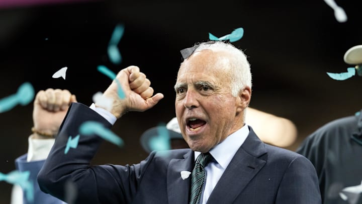 Feb 9, 2025; New Orleans, LA, USA; Philadelphia Eagles owner Jeffrey Lurie celebrates after defeating the Kansas City Chiefs in Super Bowl LIX at Ceasars Superdome.