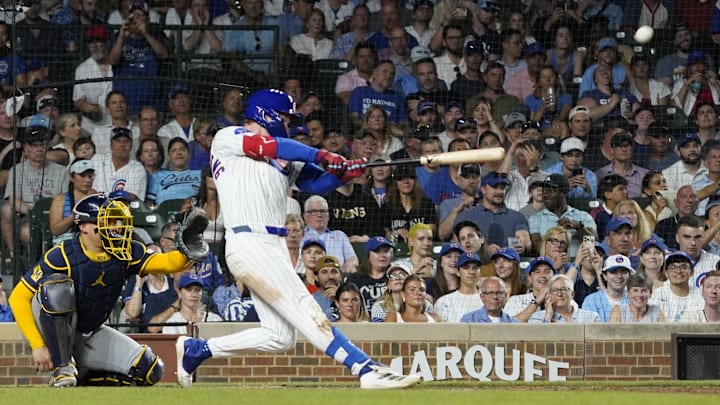 Chicago Cubs outfielder Pete Crow-Armstrong (4) hits a home run against the Milwaukee Brewers during the eighth inning at Wrigley Field on June 17.