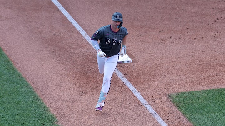 Jul 5, 2025; New York City, New York, USA; New York Mets first baseman Pete Alonso (20) rounds the bases after hitting a three run home run against the New York Yankees during the seventh inning at Citi Field. Mandatory Credit: Brad Penner-Imagn Images