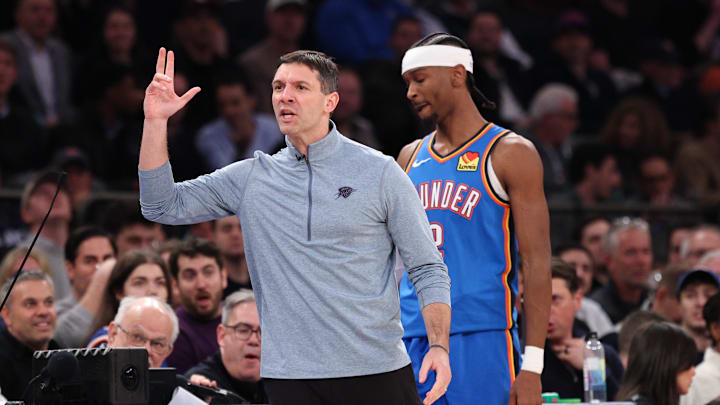Mar 4, 2026; New York, New York, USA; Oklahoma City Thunder head coach Mark Daigneault reacts during the first half against the New York Knicks at Madison Square Garden. Mandatory Credit: Vincent Carchietta-Imagn Images