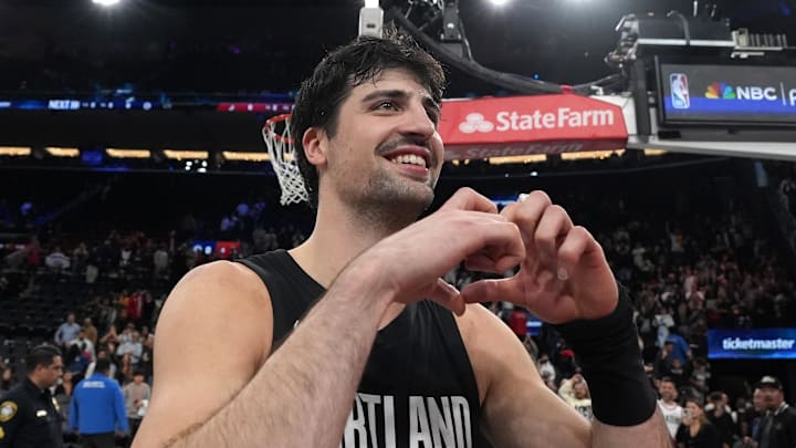 Mar 31, 2026; Inglewood, California, USA; Portland Trail Blazers forward Deni Avdija (8) gestures after the game against the LA Clippers at the Intuit Dome. Mandatory Credit: Kirby Lee-Imagn Images