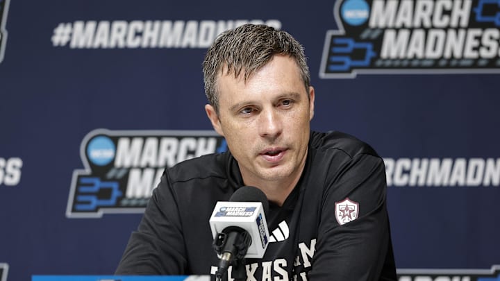 Mar 18, 2026; Oklahoma City, OK, USA; Texas A&M Aggies head coach Bucky McMillan speaks to the media during a press conference ahead of the first round of the men's 2026 NCAA Tournament at Paycom Center. Mandatory Credit: Alonzo Adams-Imagn Images