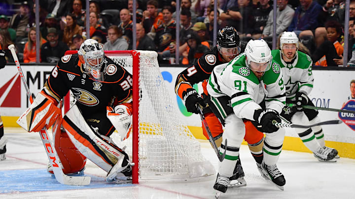 Oct 19, 2023; Anaheim, California, USA; Anaheim Ducks goaltender John Gibson (36) defends the goal