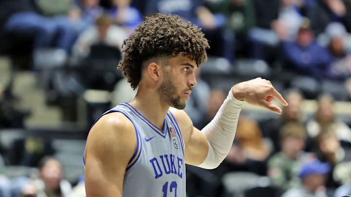 Nov 11, 2025; West Point, New York, USA; Duke basketball forward Cameron Boozer (12) gestures during the second half against the Army Black Knights at Christl Arena.