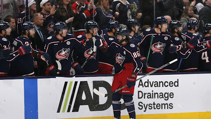 Dec 23, 2024; Columbus, Ohio, USA; Columbus Blue Jackets right wing Kirill Marchenko (86) celebrates his goal against the Montreal Canadiens during the third period at Nationwide Arena. Mandatory Credit: Russell LaBounty-Imagn Images
