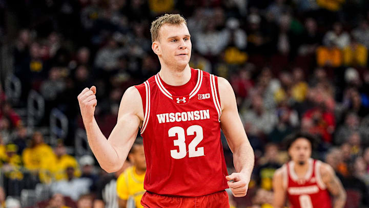 Wisconsin forward Aleksas Bieliauskas (32) celebrates a 3-pointer against Michigan during the first half of Big Ten Tournament semifinal at United Center in Chicago on Saturday, March 14, 2026. Wisconsin forward Aleksas Bieliauskas (32) celebrates a 3-pointer against Michigan during the first half of Big Ten Tournament semifinal at United Center in Chicago on Saturday, March 14, 2026.