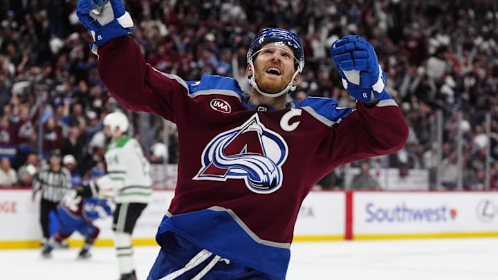 Mar 25, 2025; Denver, Colorado, USA; Colorado Avalanche left wing Gabriel Landeskog (92) celebrates his goal in the second period against the Dallas Stars at Ball Arena. Mandatory Credit: Ron Chenoy-Imagn Images